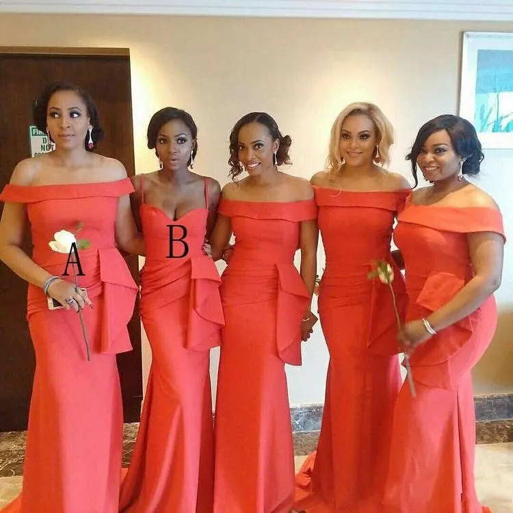 Cheap Sexy Coral Mermaid Bridesmaid Dresses Off Shoulder African Ruffle Plus Size Sweep Train Plus Size Wedding Guest Maid of Honor Gowns