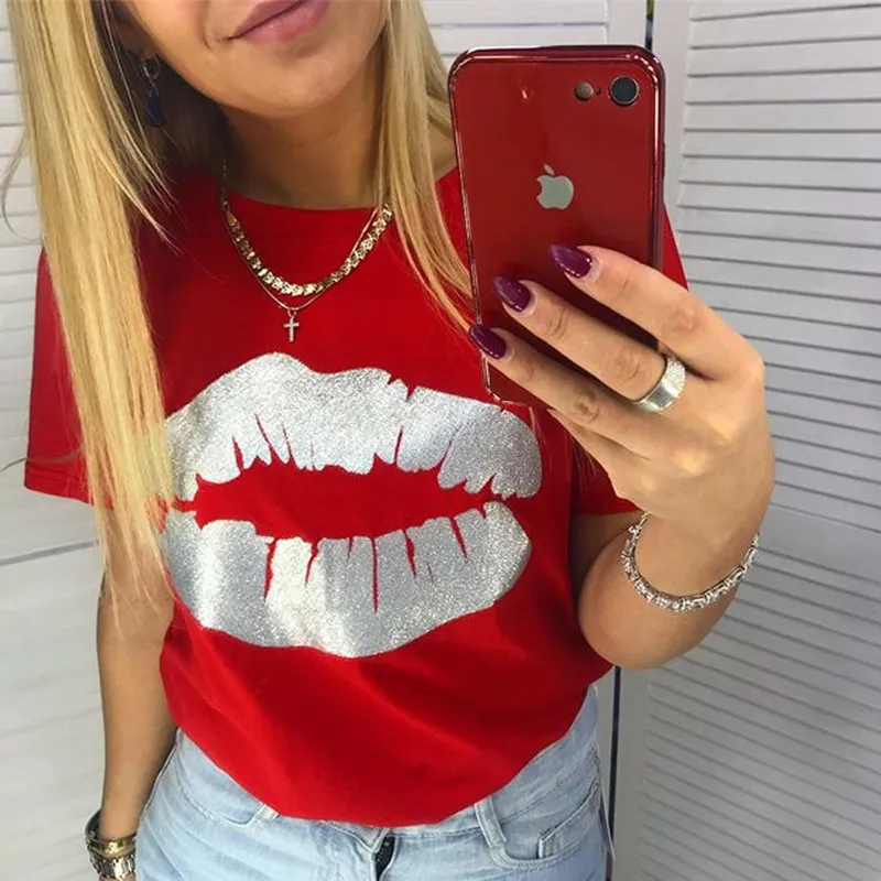 Jo Kalin Hot New Fashion T-shirts for Women Summer Short Sleeve Red lips tshirt ladies fitness harajuku t shirt women top tees