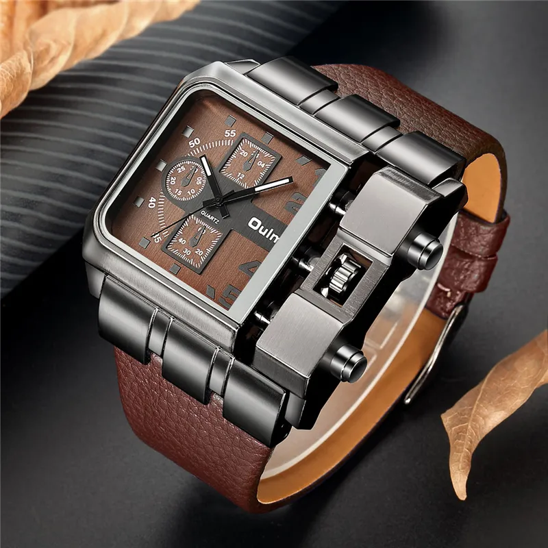 Oulm varumärke Original Unique Design Square Men Armbandsur Wide Big Dial Casual Leather Strap Quartz Watch Man Sport Klockor V191115