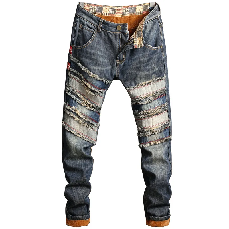 Jeans masculinos homens denim buraco rasgado homens retalhos plus size calças inverno veludo estilo punk streetwear308l