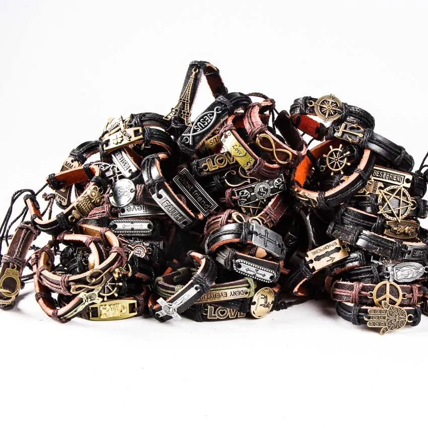 Wholesale Lots 30PCs Mix Styles Metal Leather Cuff Bracelets Men's Women's Jewelry Party Gifts