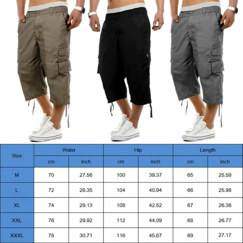 Men's Elastic Waist Cargo Shorts - 3/4 Length Combat Style Pants Sizes M To 3XL