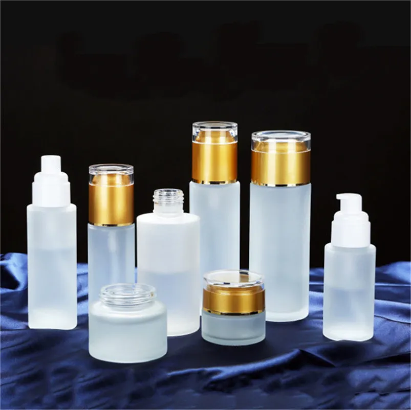 30ml 40ml 50ml 60ml 80 ml Frostat glasflaska Lotion Spray Pump Flaskor Kosmetik Prov Förvaringsbehållare med lock