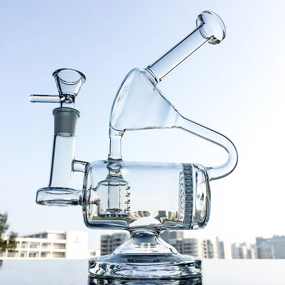 9 Cal unikalne fajki wodne bezbarwne szklane Bong grzebień Recycler Oil Dab Rigs Inline Percolator Bongs 14mm żeńskie wspólne fajki wodne z miską WP143