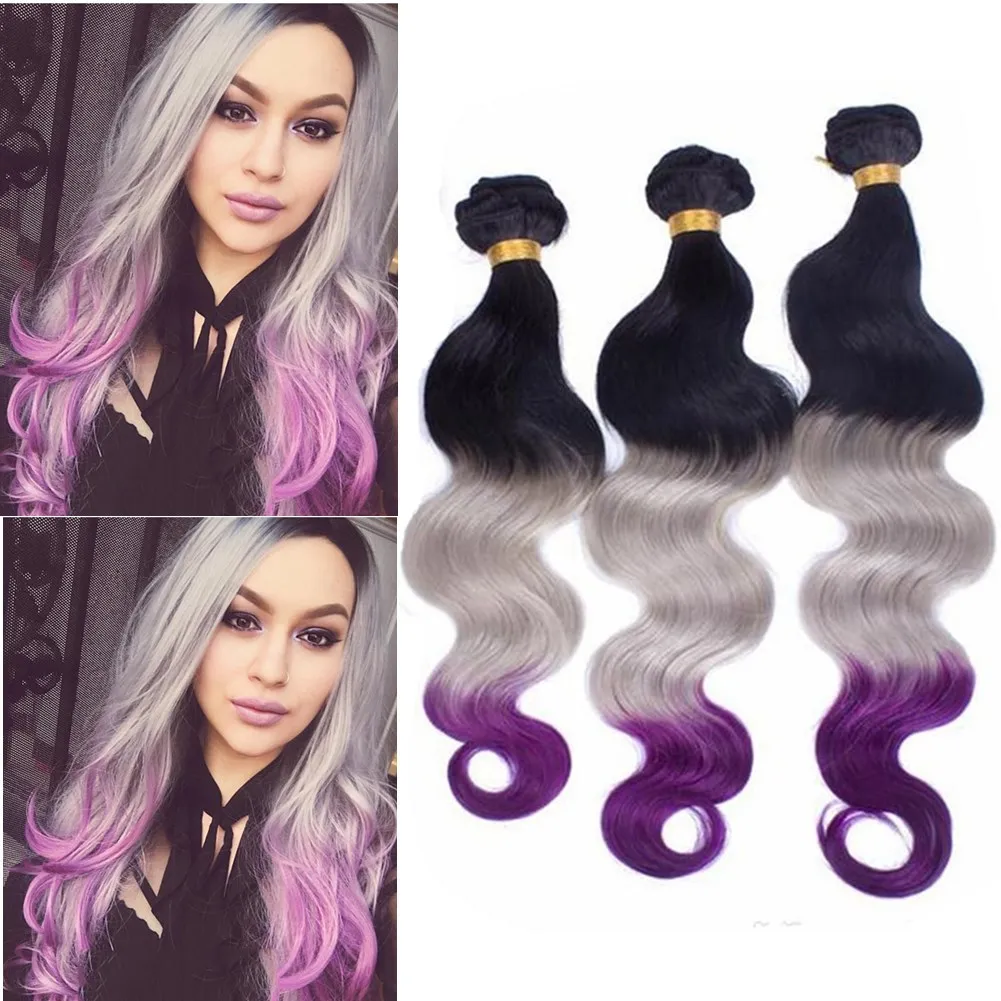 #1B/Grey/Purple Ombre Brazilian Human Hair 3Bundles Body Wave Double Wefts Black Roots Grey Purple 3 Tone Ombre Human Hair Weave Extensions