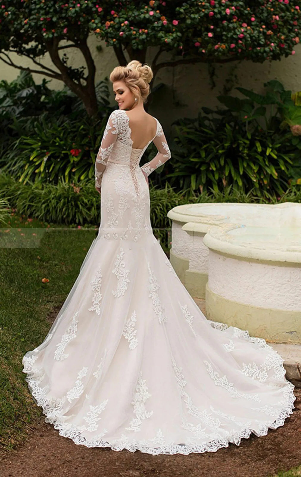 Custom Blush Mermaid Wedding Dress With Long Sleeves, Lace Up Corset Back,  And Belt 2019 Collection From Yuoy, $240.21