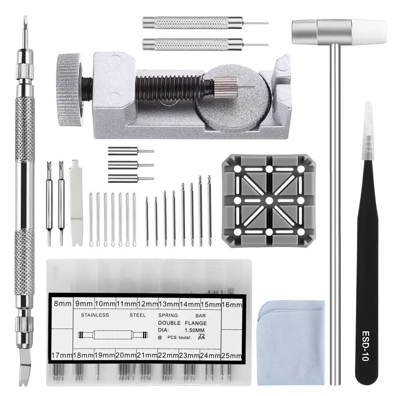 Kit di strumenti per cinturini per cinturini, dispositivo di rimozione maglie 98 in 1, strumento per barra a molla con perni extra da 72 pezzi, coppiglia da 15 pezzi, supporto da 1 pezzo, testa da 1 pezzo