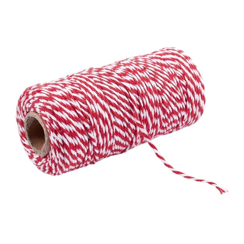 Chaud 100m / rouleau 1,5-2mm Twine Stripe Stripe pour la fête de mariage Favoris Cadeaux Fournitures d'emballage (rouge + blanc)