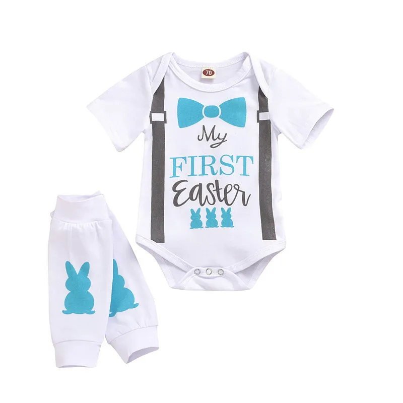 Kids Easter Romper Mina första påskbrev Skriv ut Rompers + Kanin Legging 2st / Set Infant Boys Easter Outfit