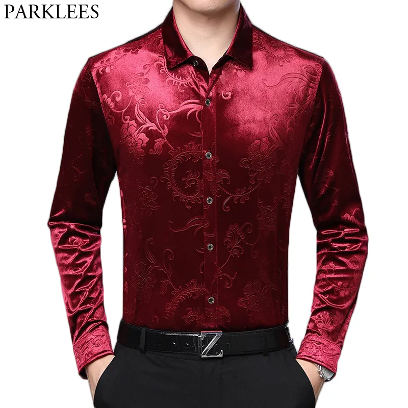 Wine Red Velvet Floral Dress Shirts Mens Slim Fit Long Sleeve Smooth Velour Shirt for Men Casual Button Down Shirt Male Chemise