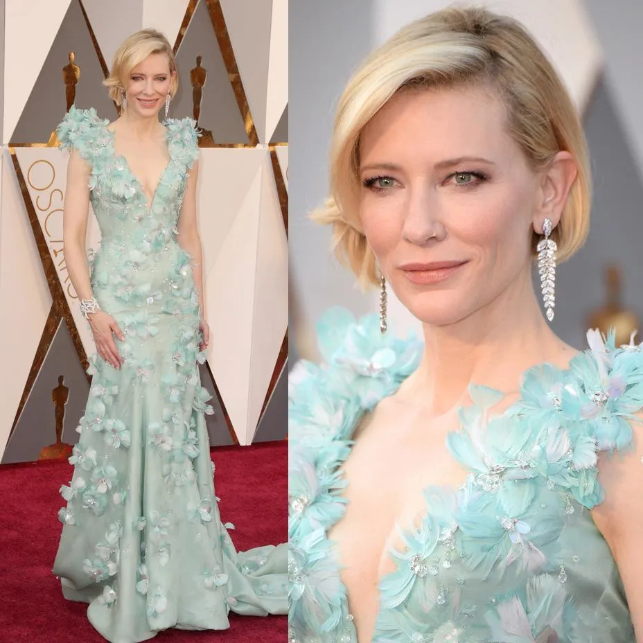 Nouveaux Oscars De Luxe Cate Blanchett Celebrity Tapis Rouge Robes Col En V Profond Balayage Train Plumes Fleurs Robes De Soirée Longues