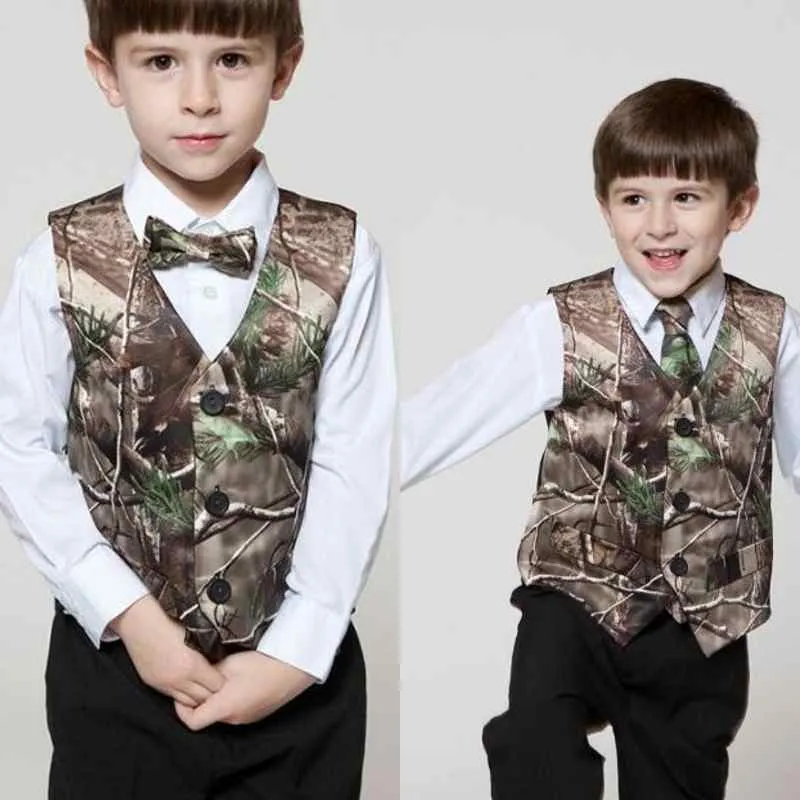 2019 Echtbaum-Camouflage-Weste, günstiger Verkauf, formelle Kleidung für Jungen, individuell gestaltet, online für formelle Hochzeitsfeiern, Tarnweste + Schleife für Kinder