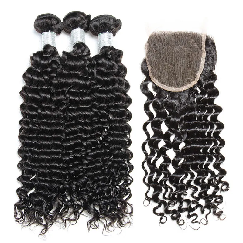 Malaysiska Curly Virgin Human Hair Weaves 3 buntar med 1 st Lace Closes 8a Malaysian Deep Jerry Curly Remy Hair Extensions Naturlig färg