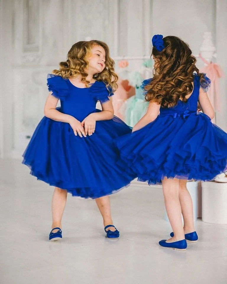 Kraliyet Mavi Kısa Summber Bebek Kız Parti Giyim Elbiseler Çocuklar Camo Çiçek Kız Elbise İlk Komünyon Elbiseler
