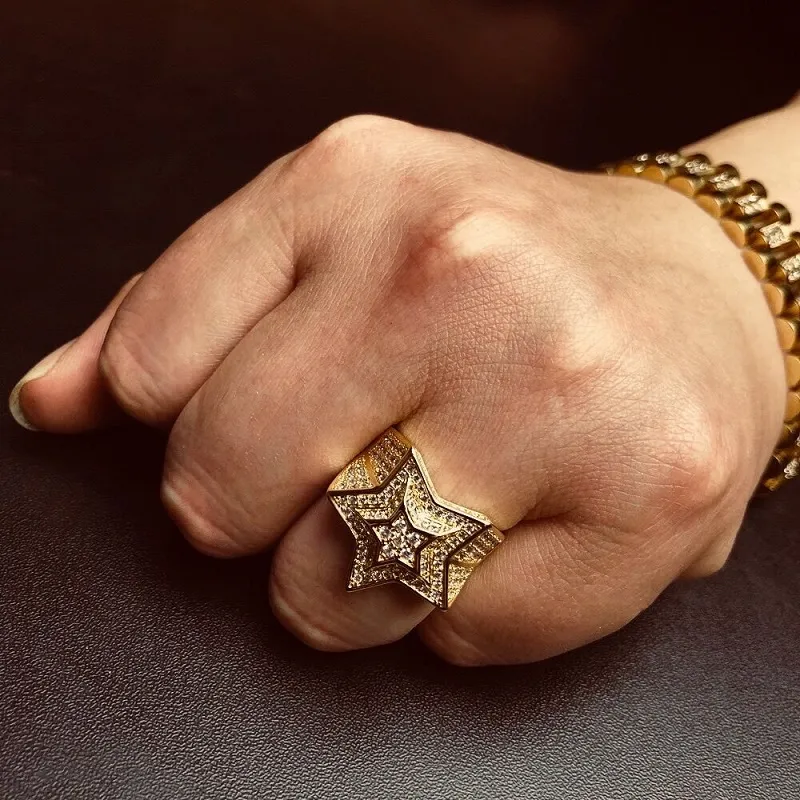 Hip Hop Mens Gold Ring Jewelry High Quality Five-pointed Star Cubic Zircon Gold Rings For Men