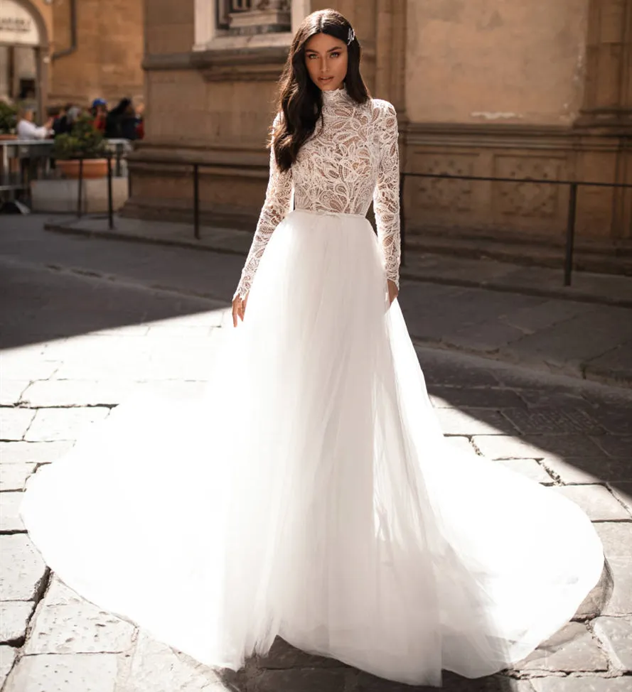 New Amazing Long Wedding Dress 2020 High Neck Long Sleeves A Line Lace Tulle Bridal Gowns Vestido de noiva longo Robe mariage