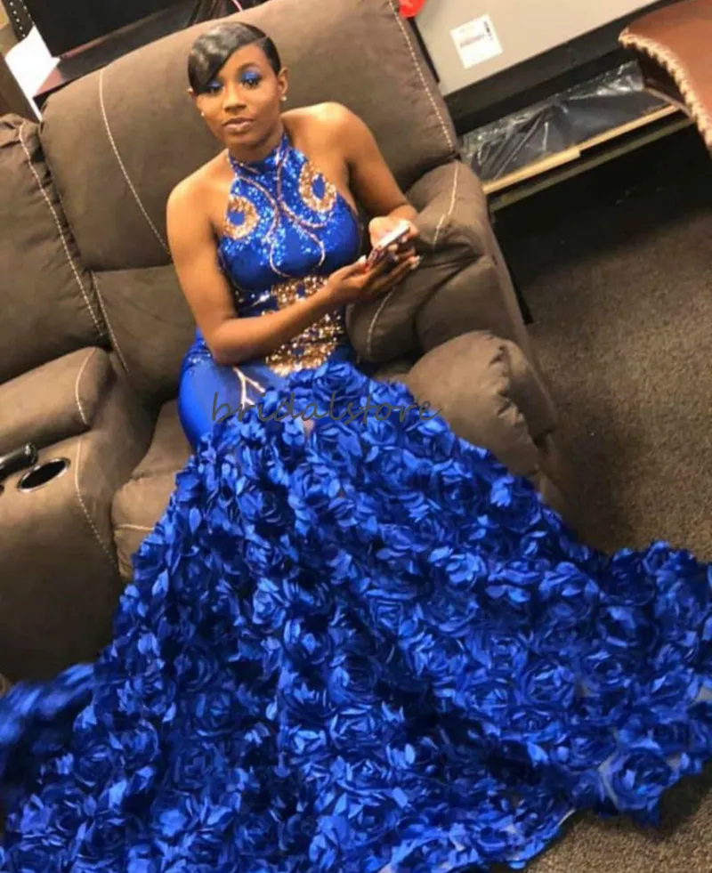 Luxury Royal Blue Sequin Prom Dress For Black Girls With Florals