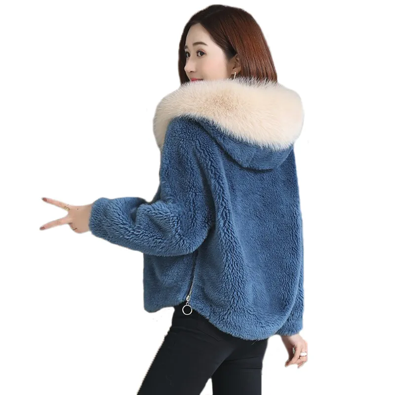 Högkvalitativ imitation pälsrockar Kvinna Kort Höst Vinter Nya Hooded Tjock Granulat Skjuvad Lamm Plush Coat Kvinnors Koreansk V191209