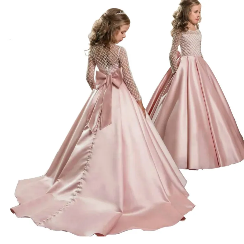 New Flower Girls Robes Kids en dentelle Lace Long Stain Party Party Robe de mariée avec Big Bow Formal Children Ball Ball Robe