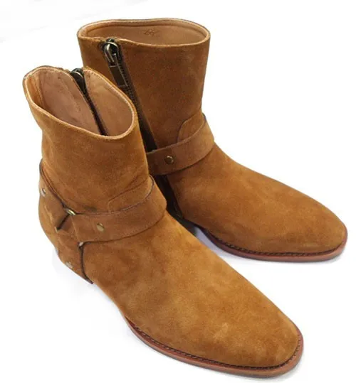 Venta caliente-Moda Wyatt Biker Cadenas Botines Zapatos para hombre Punta estrecha Hebilla Botas de hombre Zapatos de vestir de cuero para hombres Botas Militares Zapatos para hombres