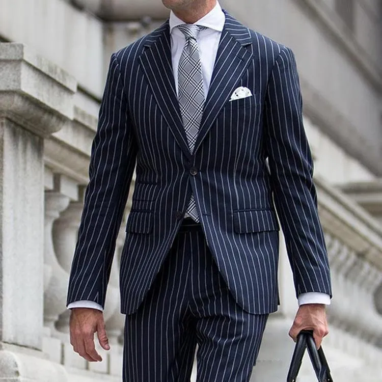 Hübsche blaue Streifen-Männer-Hochzeits-Smokings, Reverskragen, schmale Passform, Bräutigam-Smoking, ausgezeichneter Herren-Jacken-Blazer, 2-teiliger Anzug (Jacke + Hose + Krawatte) 2682