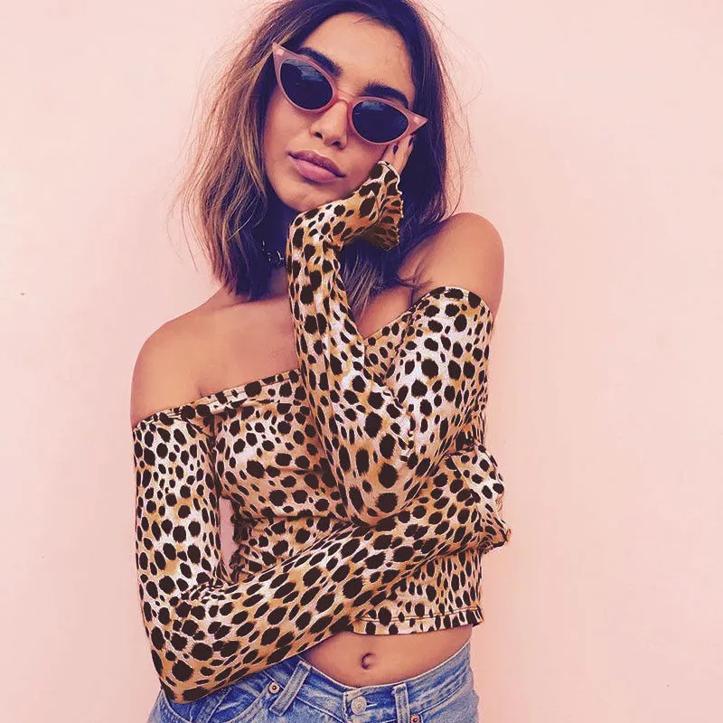 Hombros Descubiertos Camisas De Leopardo Mujer Camisetas Ajustadas