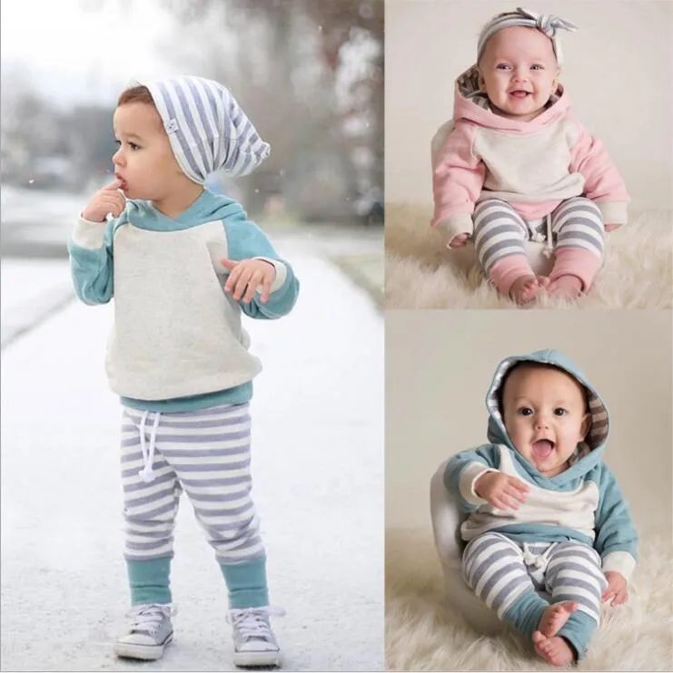 Kids Designer Clothes Boys Casual Striped Clothing Sets Girls Autumn Hoodies Pants Headband Suits Boys Coat Tops Trousers Hats Outfits B7186