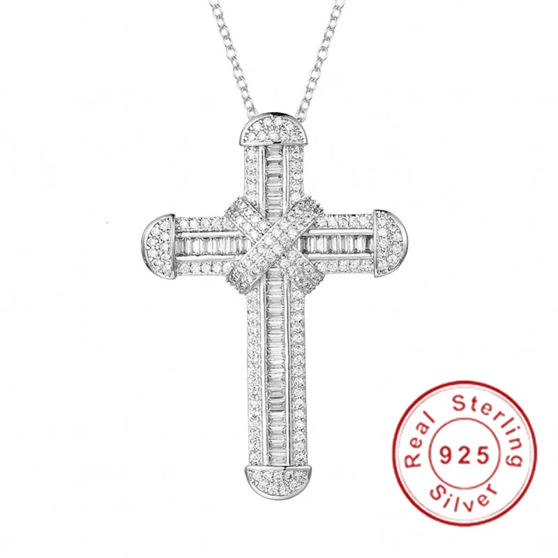 NIEUWE 925 Silver Exquisite Bijbel Jezus Kruis Hanger Ketting Voor Vrouwen Mannen Crucifix Charm Gesimuleerde Platinum Diamond Sieraden N028 CJ191210
