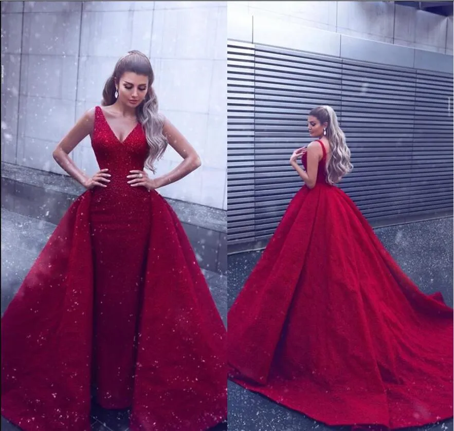 Said Mhamad Evening Dresses With Detachable Train 2019 New Red V Neck Sleeveless Lace Appliques Formal Dubai Kaftan Saudi Arabic Prom Gown