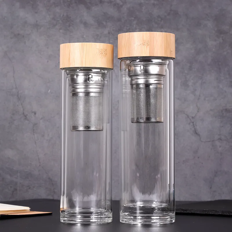 450 ml bambu lock Vattenkoppar Dubbelväggigt glas Torktumlare med sil och infusionskorg Glasvattenflaskor GGA2633