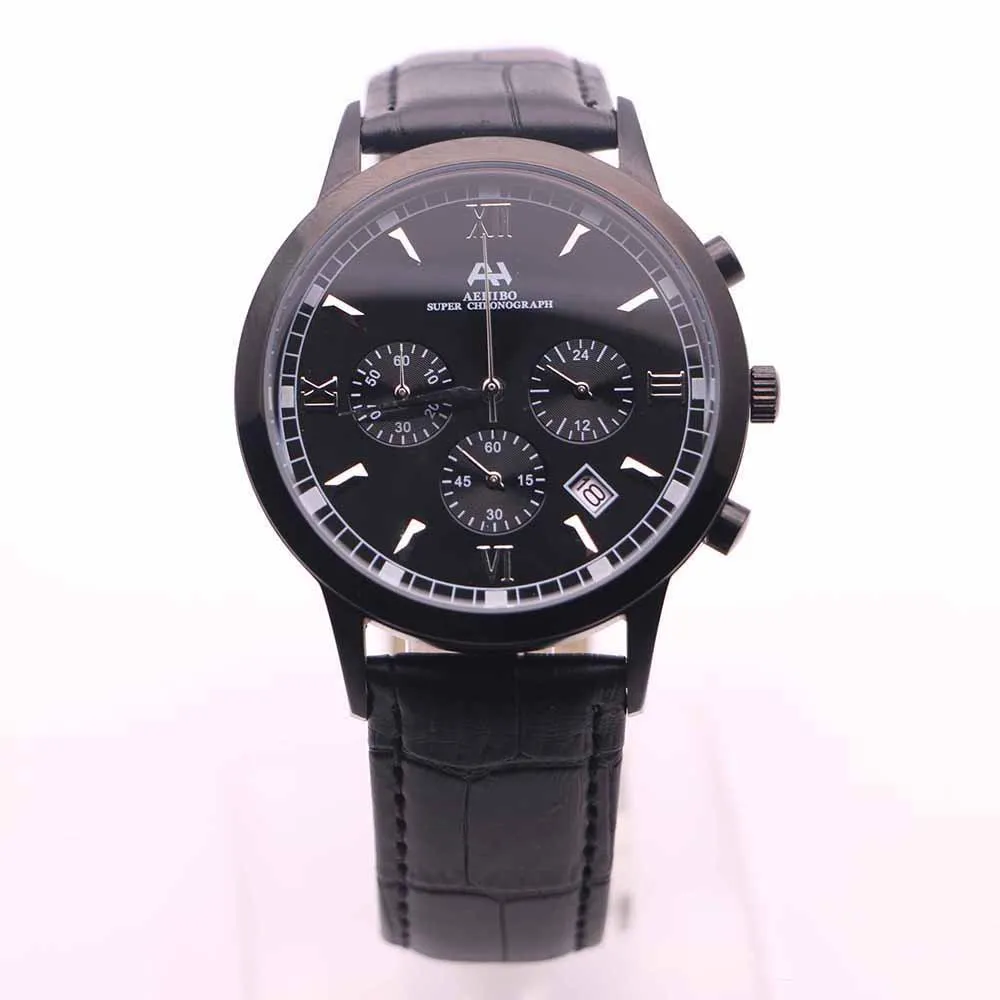 Venda quente AEHIBO Quartz Battery Todos os subdials Trabalhando Mens Watch Data Relógios 43MM Full Black Super Chronograph Hardlex Six Hands Relógios de pulso