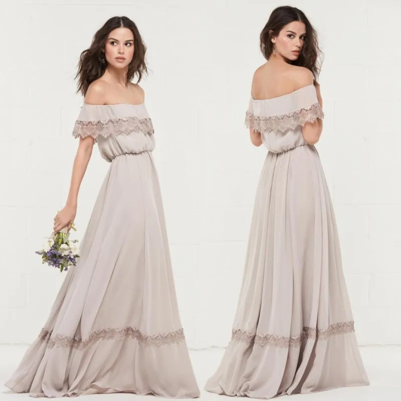 Stylish A Line Bohemian Bridesmaid Dresses Lace Off The Shoulder Beach Wedding Guest Dress Floor Length Chiffon Maid Of Honor Gowns 407