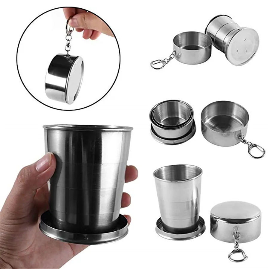 75ML de aço inoxidável caneca de acampamento Camping Folding Copa do portátil ao ar livre Viagem desmontável dobrável Cup com Keychain