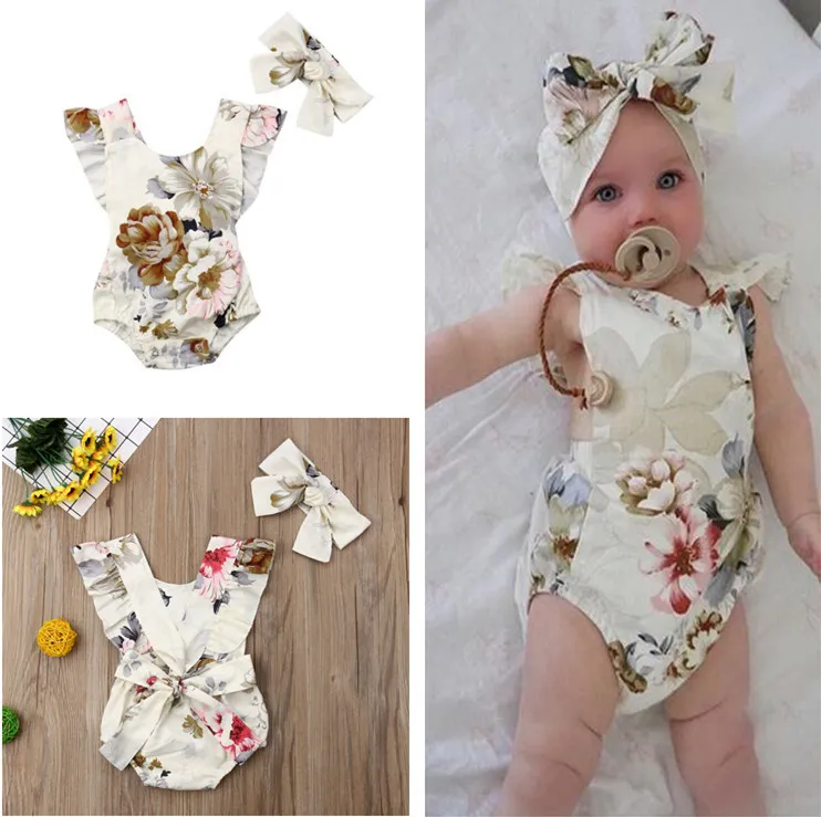 Newborn Baby Clothes Infant Toddler Flower Rompers Jumpsuit Baby Clothing with Headband 2PCS Outfits Baby Girls Clothes Kids Clothing