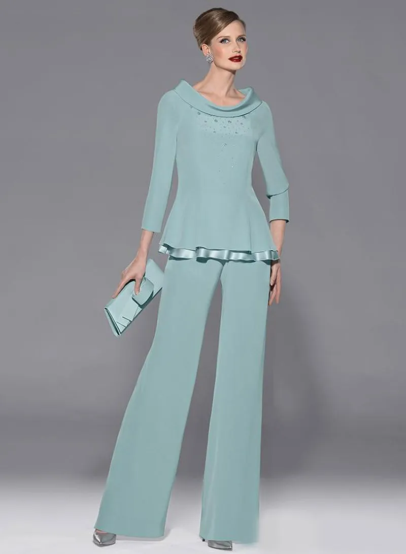 Mint Green Chiffon Mothers Pants Suit Jewel Neckline Long Sleeve With Beads And Sequins Two Pieces For Wedding Party Guest Dress