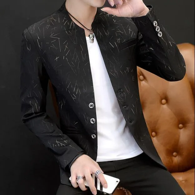 Men 's casual collar collar blazer Outdoors Slim Fit Jacket Man Long Sleeve youth handsome trend Slim print blazer250g