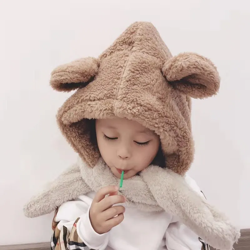New Winter Baby Plush Hat Bear Ear Warm Cap Scarf Hat Patchwork Children Warm Hats M216