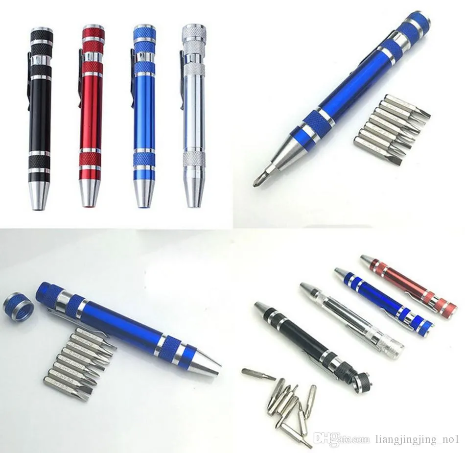 Schraubendreher Pen-Set 8in1 Aluminium Elektronik DIY-Reparatur-Werkzeug-Sets Bits Precision Mini Schlitzschraubenzieher Tragbare Werkzeuge LJJ_OA4728