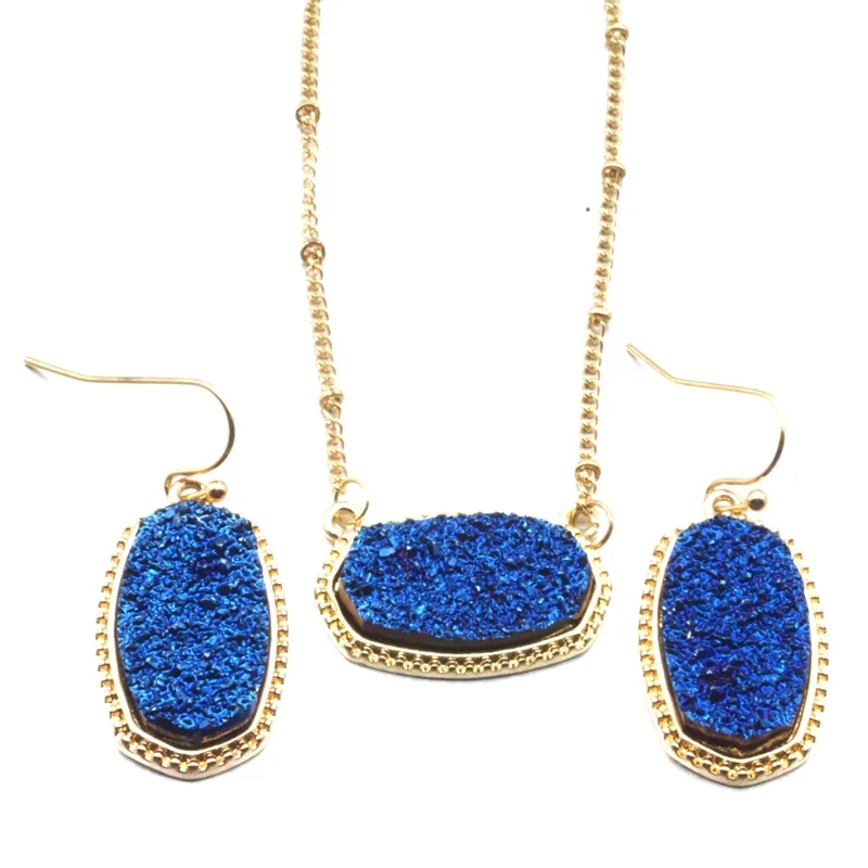 Designer Oval Drusy Druzy Necklace Dangle Earrings Jewelry Set Gold Plated Druse Choker Women Wedding Party