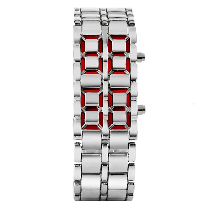 Fashion Black/Silver Full Metal Digital Lava Wrist Watch Men Red/Blue LED Display Men's Watches Gifts for Male Boy Sport Creative Clock