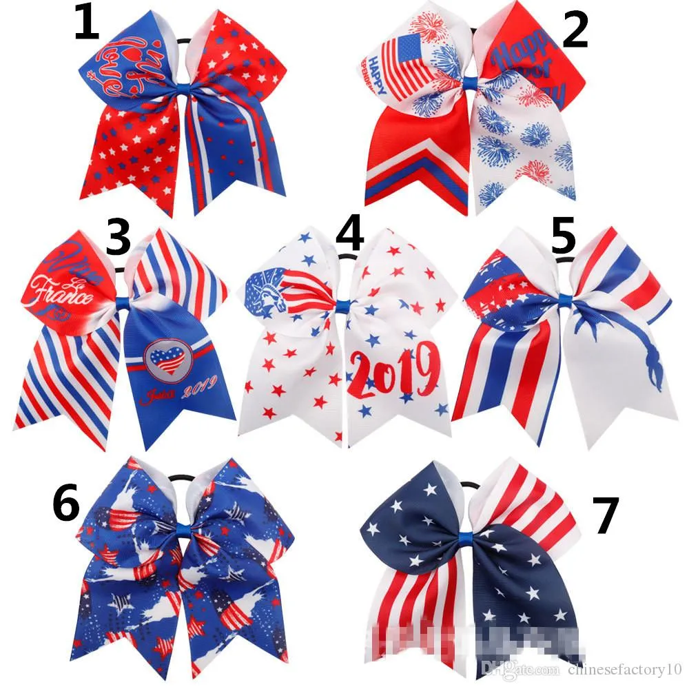 7" 4th of July Ponytail Hair Band Bows American Flag Hairbands Ribbon Glitter Rugby Bowknot Girl Hair Holders Accessories