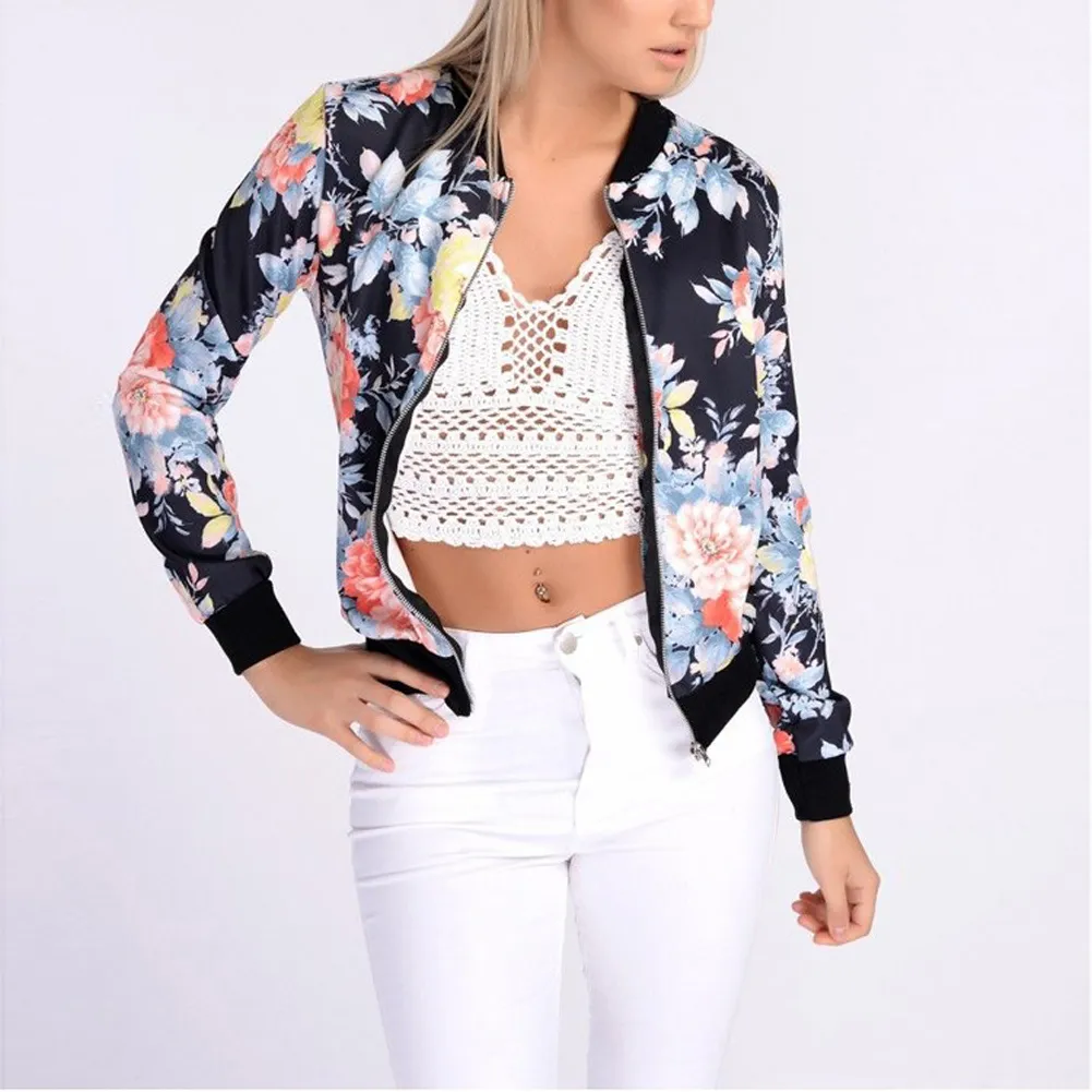 Women Retro Flower Floral Print Zipper Bomber Collar Slim Coat Casual Outwear Female Autumn Spring Jacket Fashion Ladies C19041501