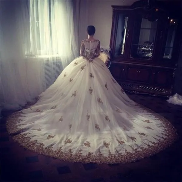 Sparkling White and Gold Ballgown Style Wedding Dress with Beaded Lace Applique and Modest Jewel Neckline - Customizable Bridal GQ (2019)