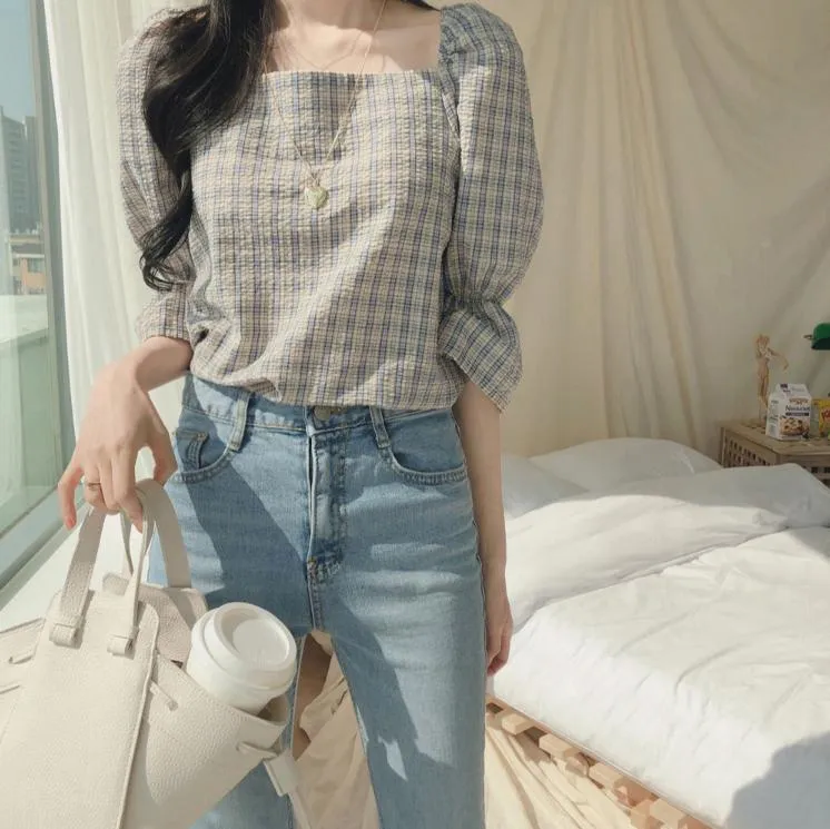 Cute Sweet Tops Women Hot Sales Korean Japan Style Clothes Design Short Top  Preppy Girls Blue Red Plaid Shirts Blouses Vintage