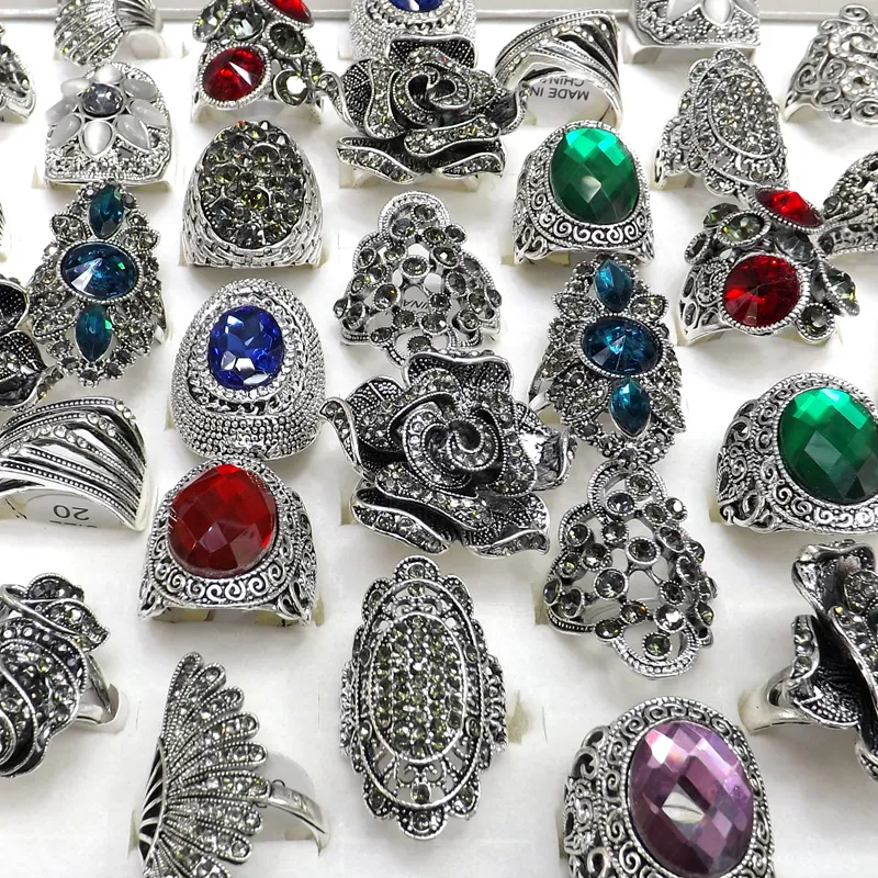 50pcs Barroco anillos del Rhinestone de la vendimia de flores de diseño de la pluma