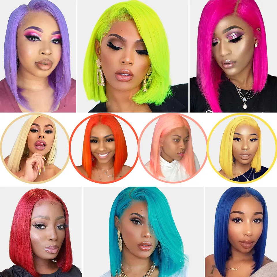 Ishow 13x1 T Parte Lace Human Human Wigs Brasileiro Curto Bob Peruca 99J 613 Loira Cor Rosa Verde Vermelho Red Blue Ginger Ombre para mulheres Todas as idades 8-14inch