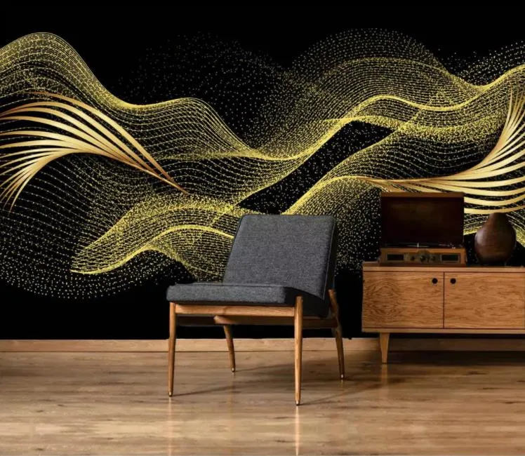 Custom Modern creative light luxury golden leaf line stereo background wall painting