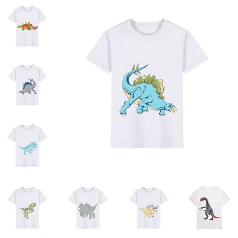 Kids Shirts Cartoon Dinosaur Printed Boy T Shirts Kortärmad Tjej Tees Boat Neck Barn Toppar Sommar Barnkläder 8 Designs DHW3586