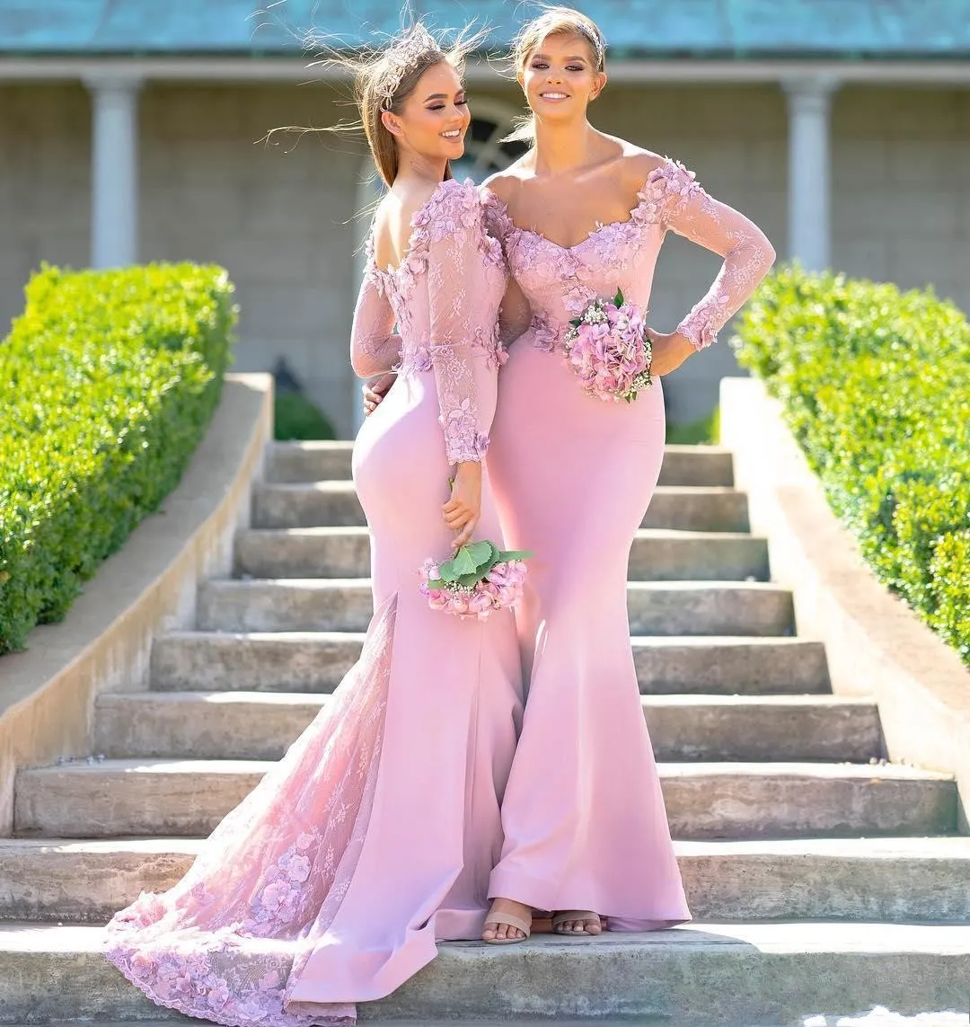 2019 Nowy Afryki Różowy Syrenka Druhna Suknie Długie Na Wesela Długie Rękawy Off Koronki Ramię Kwiaty Plus Size Maid of Honor Suknie