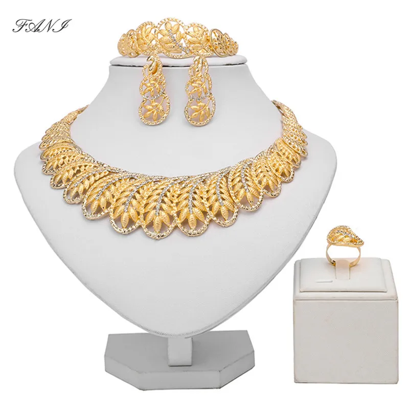 FANI DUBAI Złoty zestawy jubilerskie Hurtownie Włoskie Zestawy Biżuterii Bridal Dla Kobiet Mody Oświadczenie Zestaw Marka